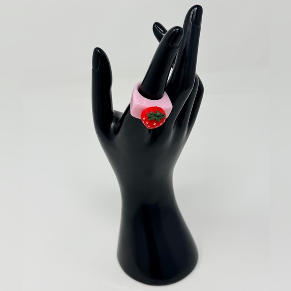 Pink Strawberry Ring Fruit Print 3D Rings Y2K Jewelry Fruity Gingham Accessories - Picture 10 of 16